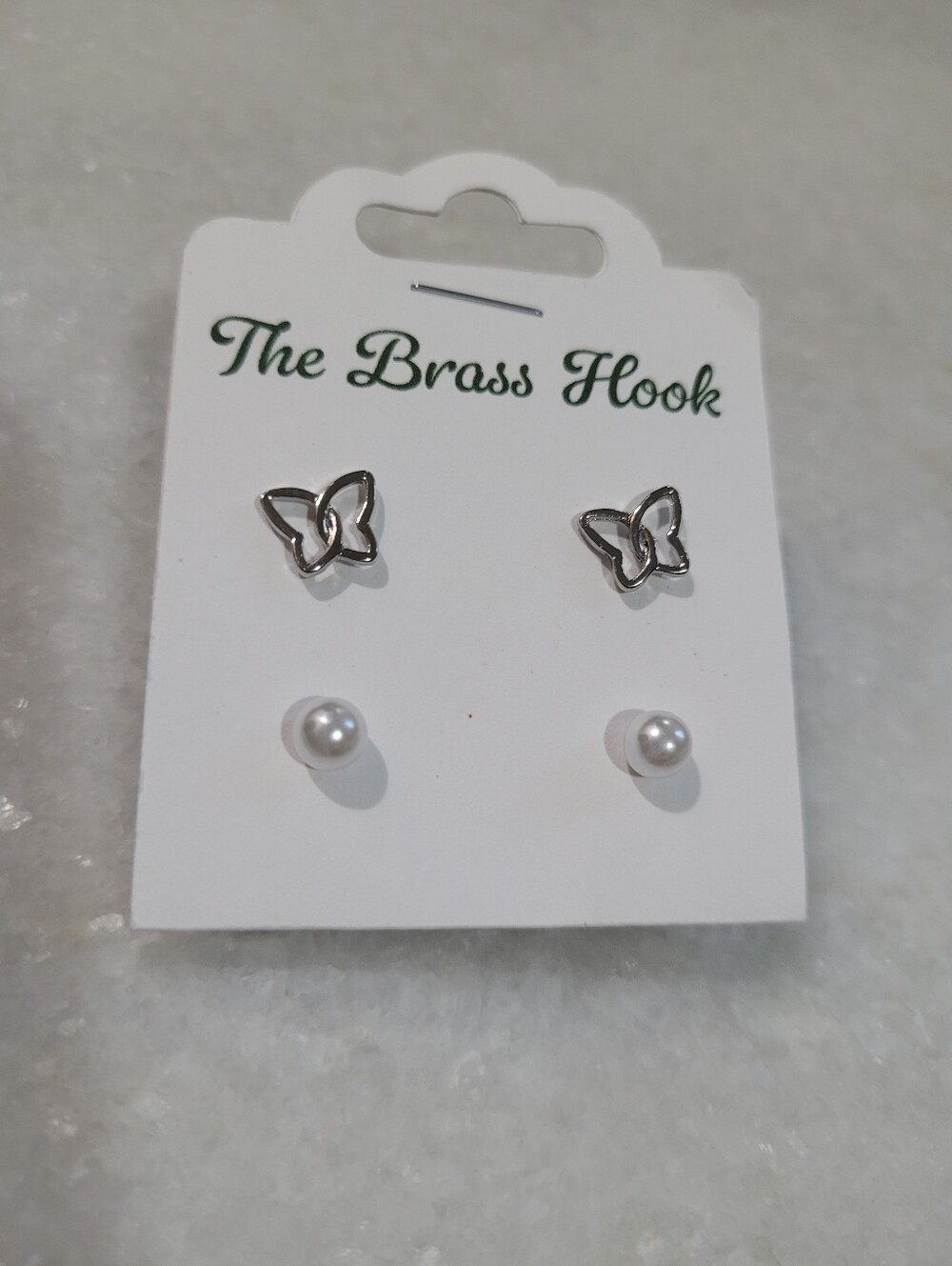 2-Pair Silver Tone Butterfly & Faux Pearl Stud Earrings